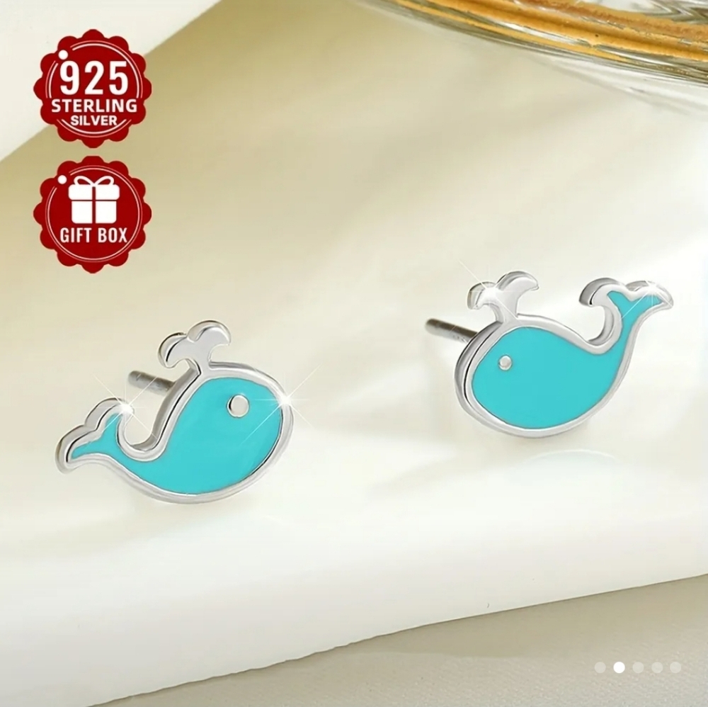 Blue Whale Earrings 925 Sterling Silver Studs